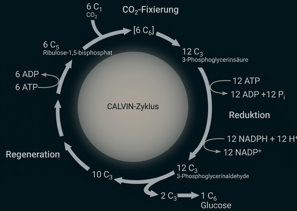 Schematische Darstellung des Calvin-Zyklus mit CO₂-Fixierung, Reduktion und Regeneration zur Bildung von Glucose.